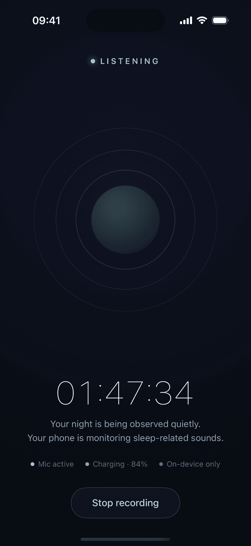 Somnita recording overnight: a listening indicator, a breathing circle, the elapsed time and chips reading mic active, charging and on-device only